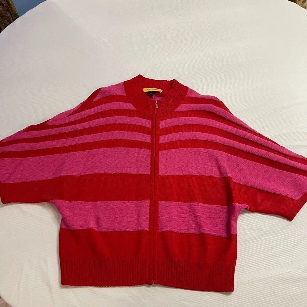 St John Full Zip Cardigan Size Medium Dolman Sleeves Red Pink Stripes